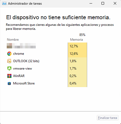 dispositivo no tiene suficiente memoria