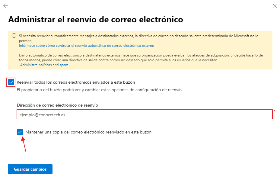 ACTIVAR REENVÍO EMAILS EXCHANGE ONLINE