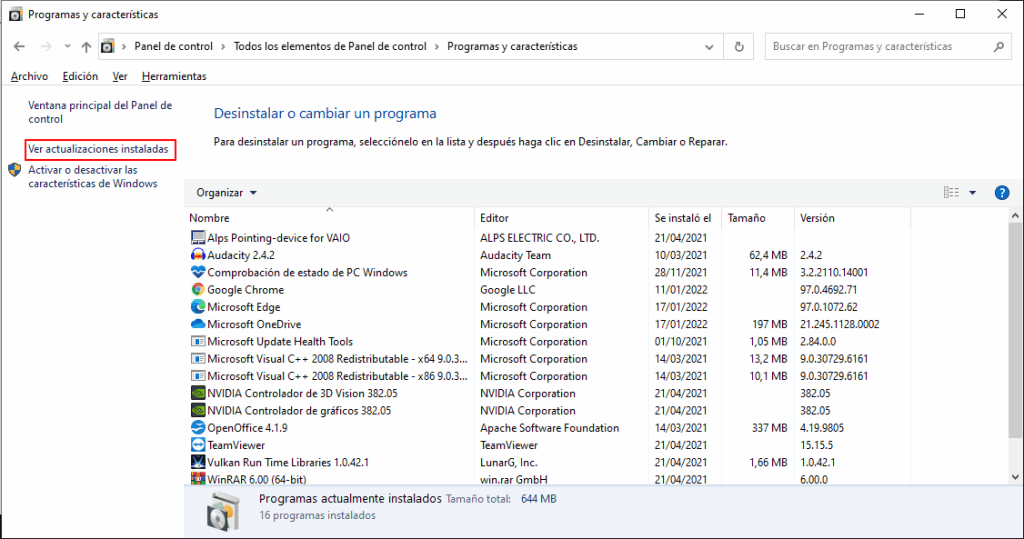 desinstalar updates