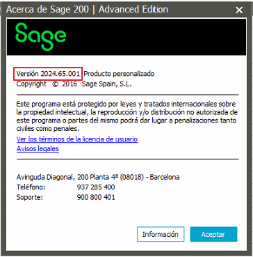 Saber la versión de Sage200C 3