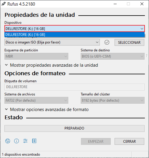 Crear una unidad de arranque USB seleccionar usb