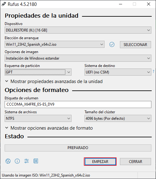 Crear una unidad de arranque USB empezamos la creación