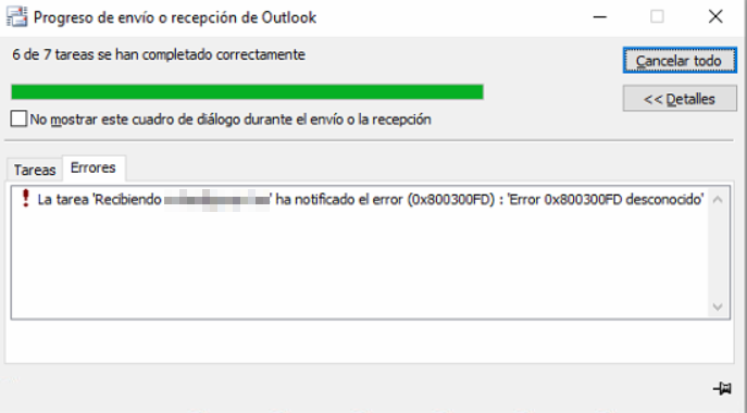 Error 0x800300FD en Outlook pantallazo