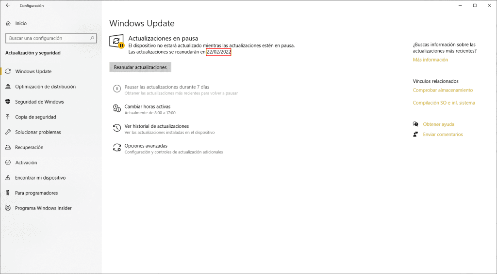 Pausar actualizaciones en Windows fecha final
