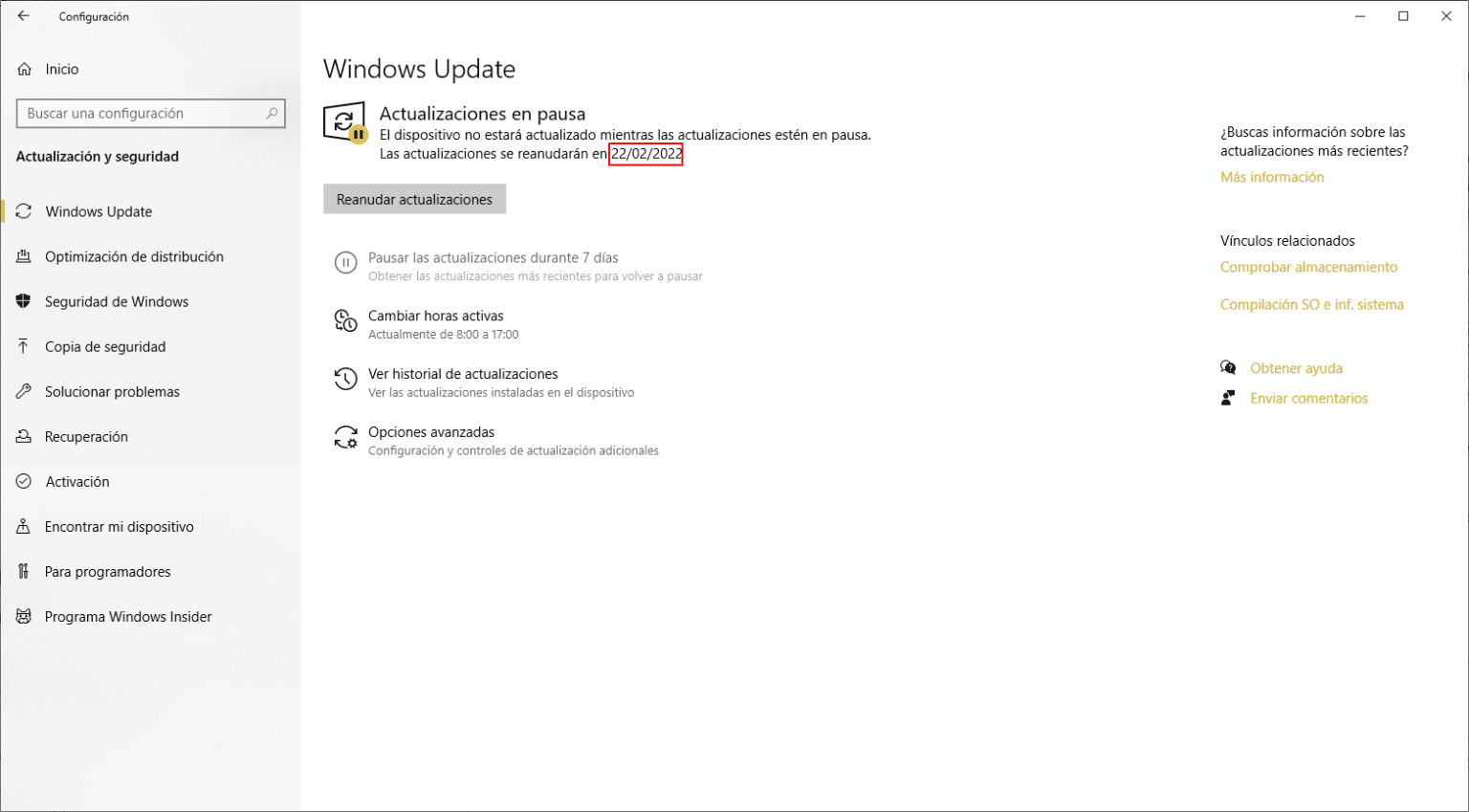 Pausar actualizaciones en Windows fecha final