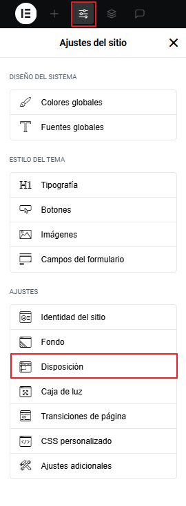 plantilla por defecto de las páginas en Elementor - apartado ajustes sitio