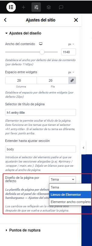 plantilla por defecto de las páginas en Elementor - Ajustes del sitio