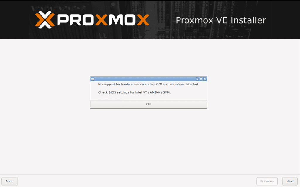 No support for hardware-accelerated KVM virtualization detected al instalar PROXMOX en VMWare Workstation