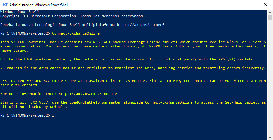 Instalar y conectarse a Exchange Online conectados