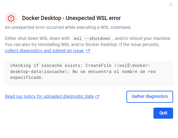 Unexpected WSL error en Docker Desktop Error